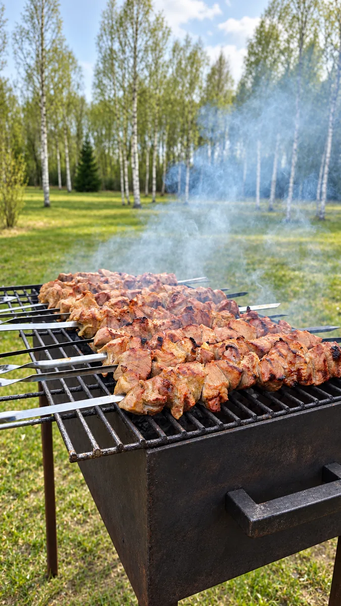 Shashlik on skewers cooking on the barbecue at the edge of the meadow, birches behind