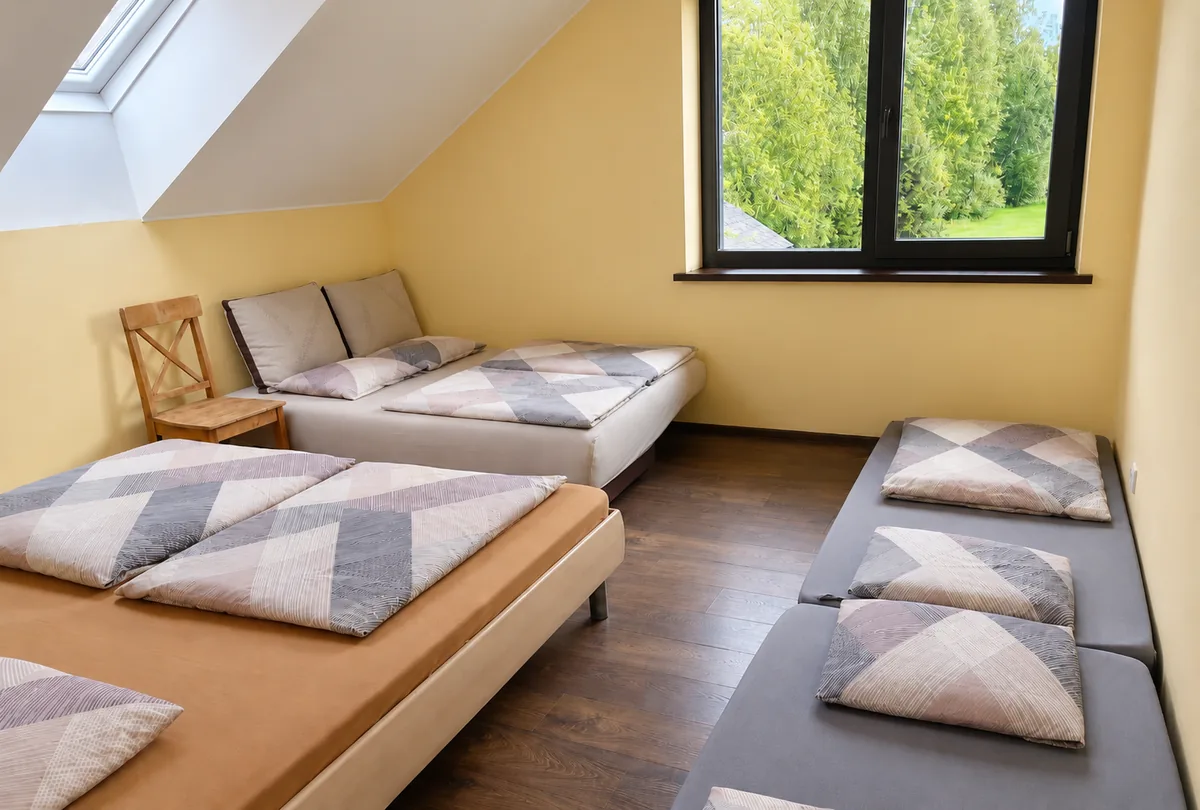 A bright room with beds, a roof window and a window onto the forest