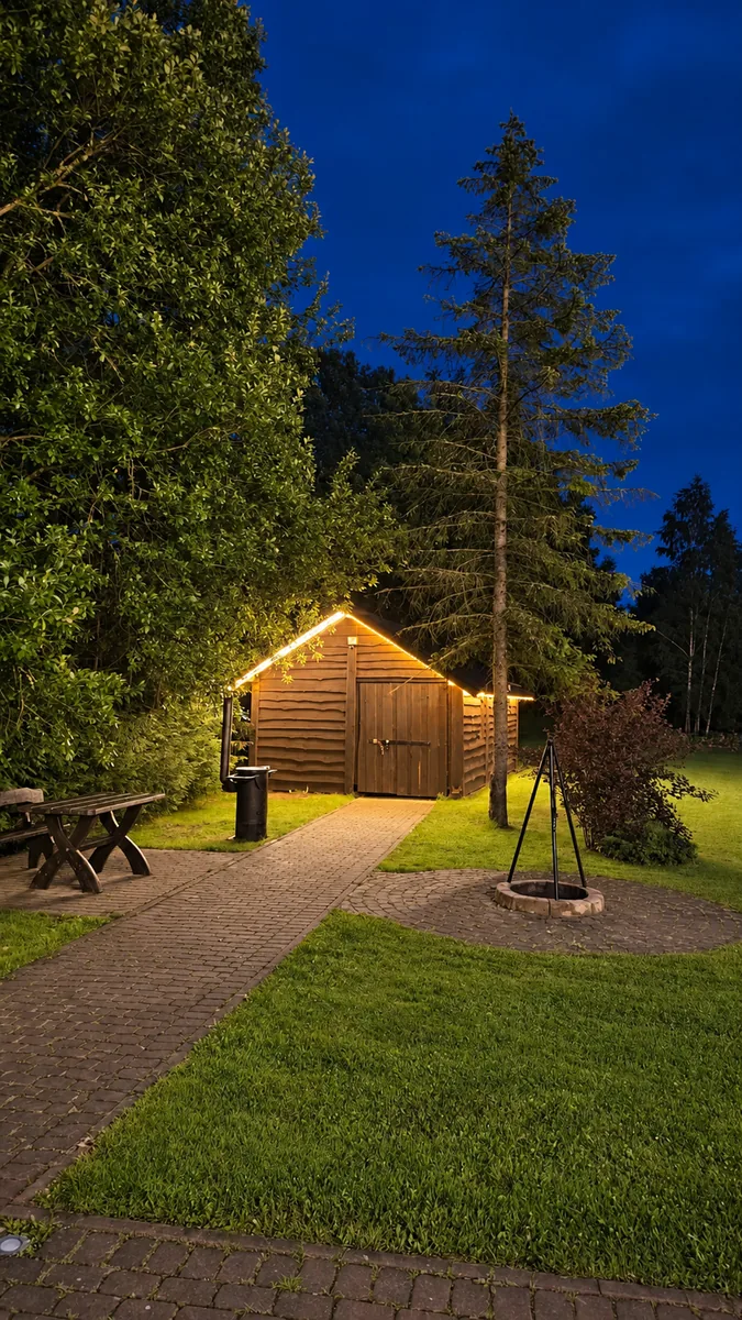 The fire pit with a tripod for a cooking pot, a lit woodshed behind it in the evening light