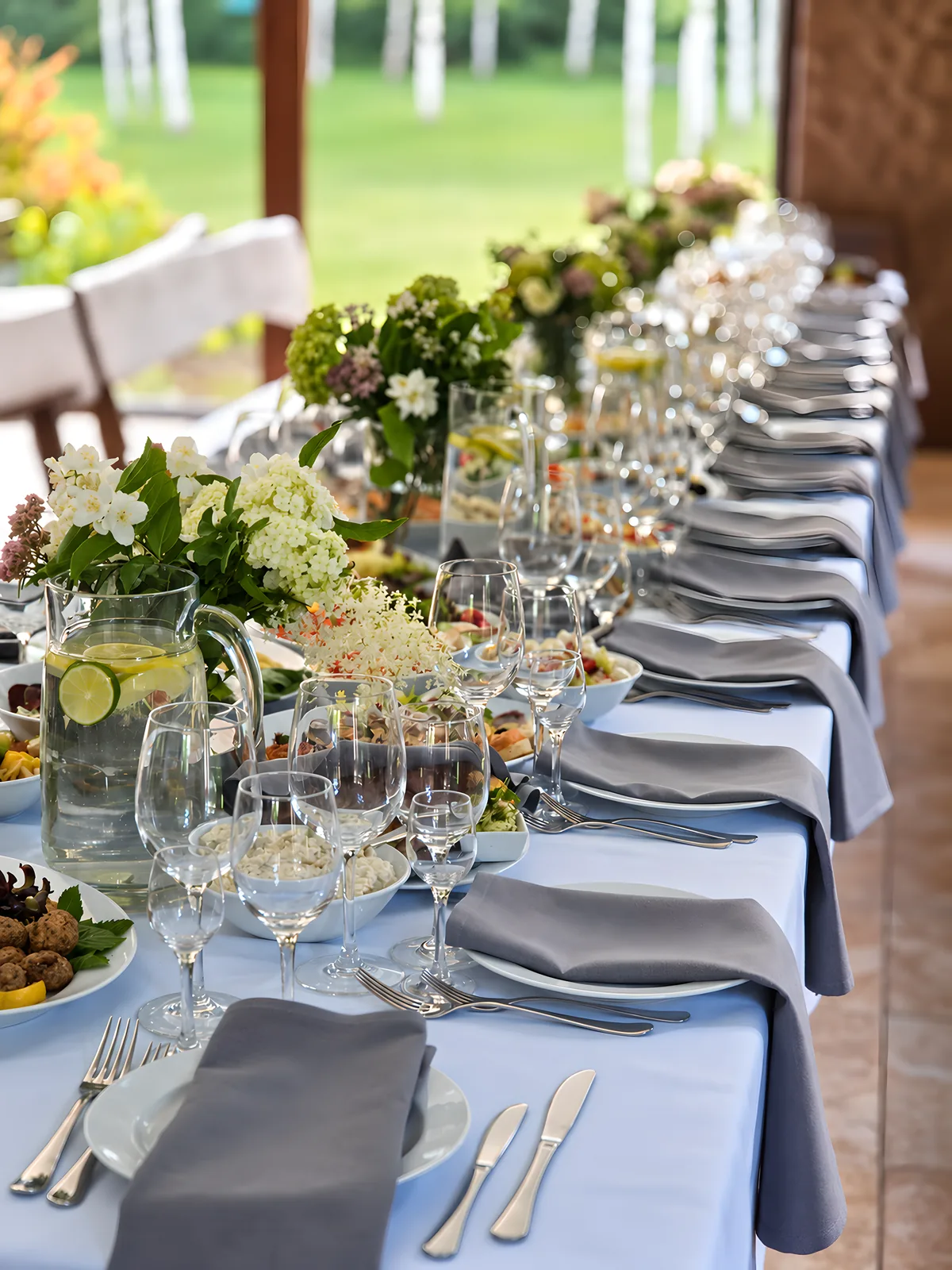 A table laid for a celebration with greenery and glasses, birches outside the window