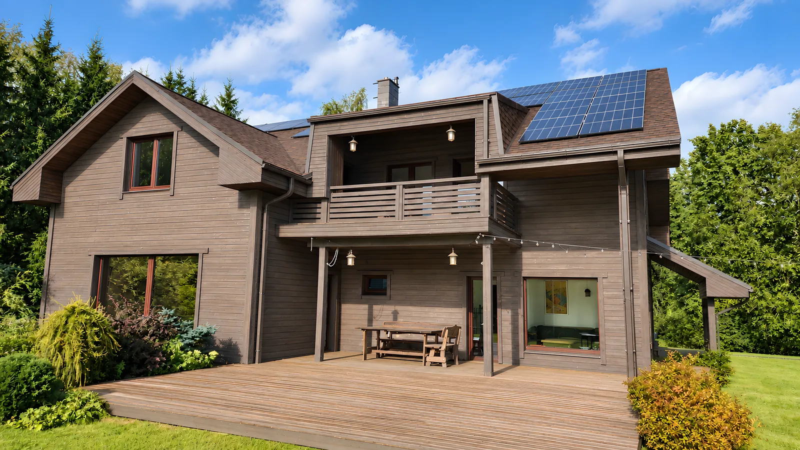 Kārumnieki guest house by day: a dark timber house with a terrace, a balcony and solar panels on the roof