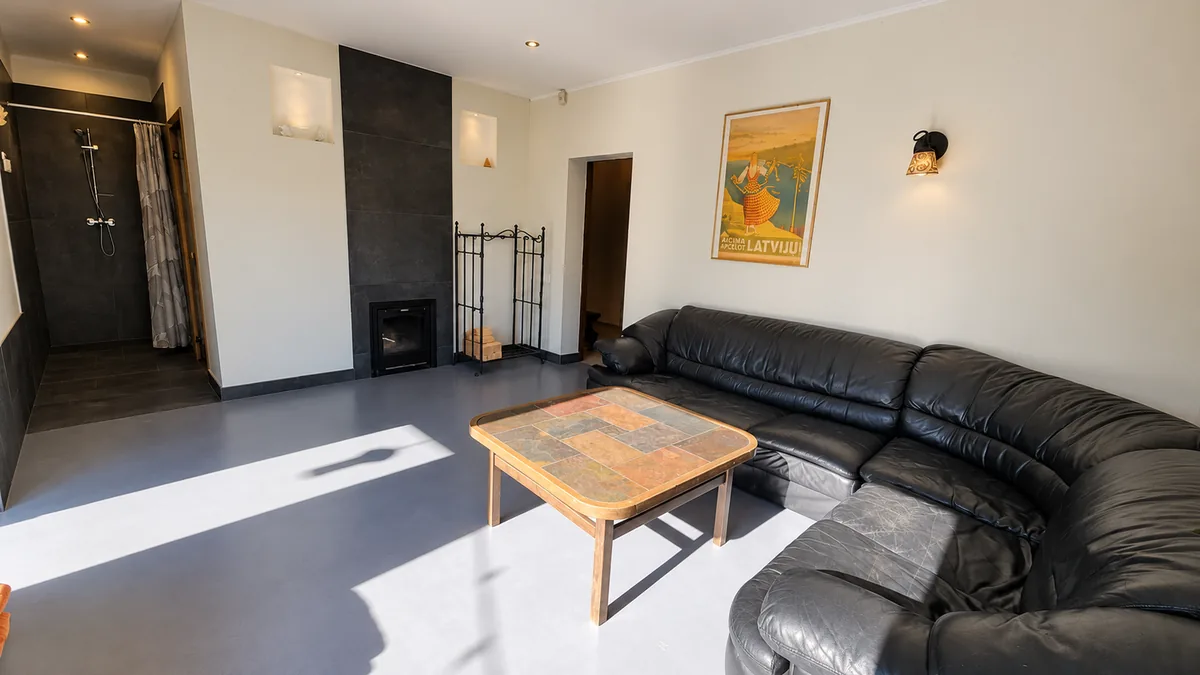 The sauna lounge from the other end: a leather sofa, a wood-burning fireplace and a shower