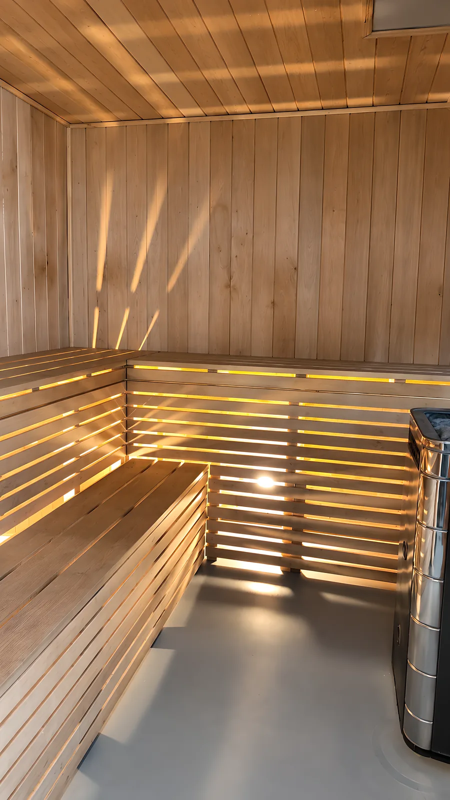 Inside the sauna: light wooden benches on two levels and a wood-burning stove